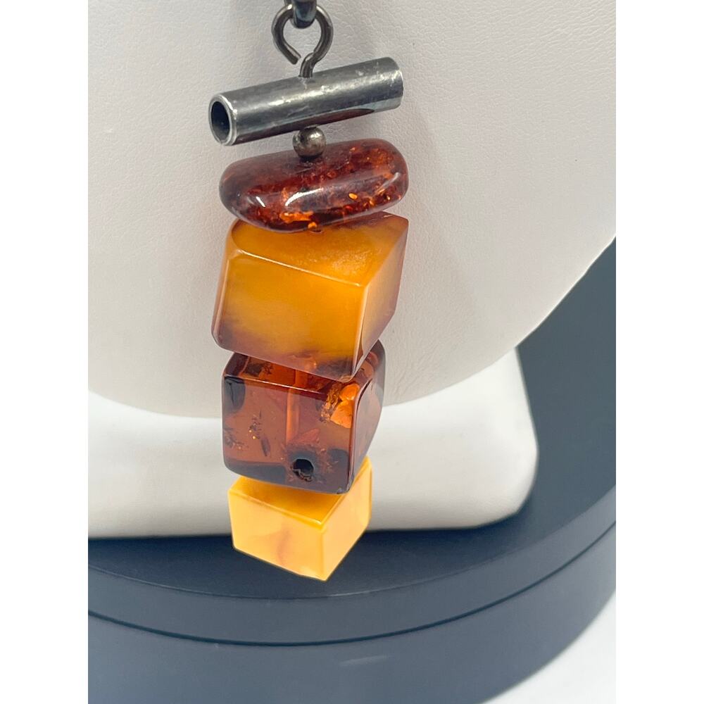 Sterling Silver Vintage Cube Modernist Triple Amber Pendant Black Chord Necklace - Picture 4 of 16